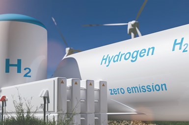 Image of white tanks with the words and symbols of hydrogen against bright blue sky backdrop.