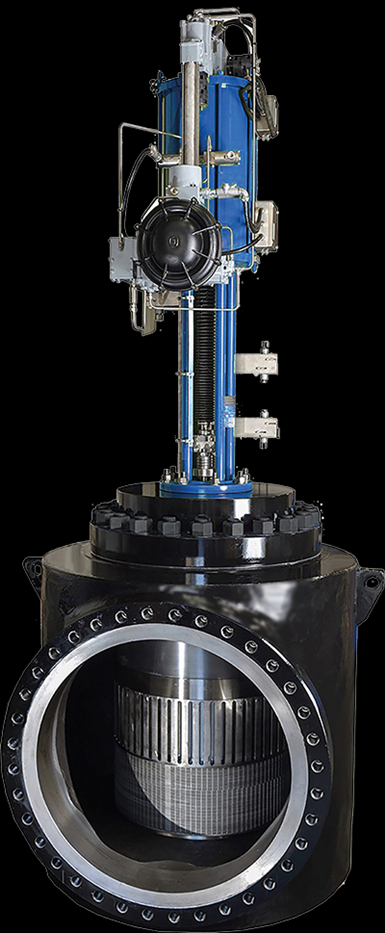 Image of large anti-surge compressor and compressor recycle valve, a large black valve body with a blue valve stem with various instrumentation mounted to it. 