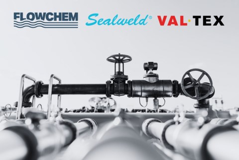 Image of pipe and valves with logos of Flowchem, Sealweld and Val-Tek