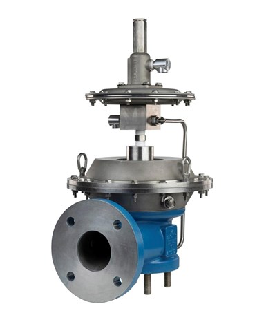 Image of large pilot-relief valve with valve body painted blue and the rest stainless or brushed metal finish.