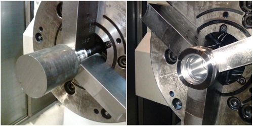 In the second operation, the part is machined to the complete part on the right.