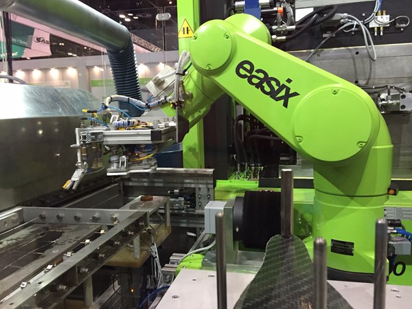 Engel's concept for manufacturing a hybrid, brake pedal from thermoplastic fabric was on display at NPE2015.